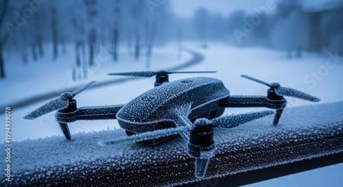 Frozen dark quadcopter drone covered with thick frost resting on winter snowy wooden railing