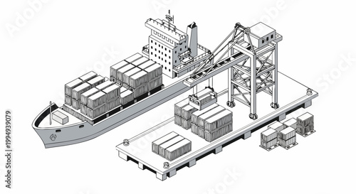 Isometric Line Art Illustration of a Cargo Container Ship at a Port Terminal with Loading Crane