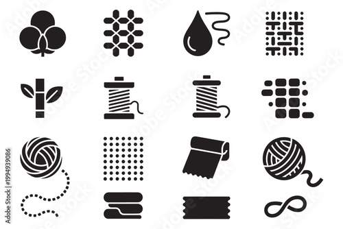 Fabric material icons vector set featuring synthetic fibers, flax, mesh, thread, woven textile, bio linen, and microfiber symbols for textile industry