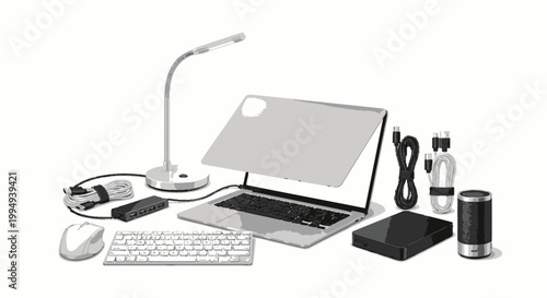 Modern Workspace Setup with Laptop, Desk Lamp and Accessories