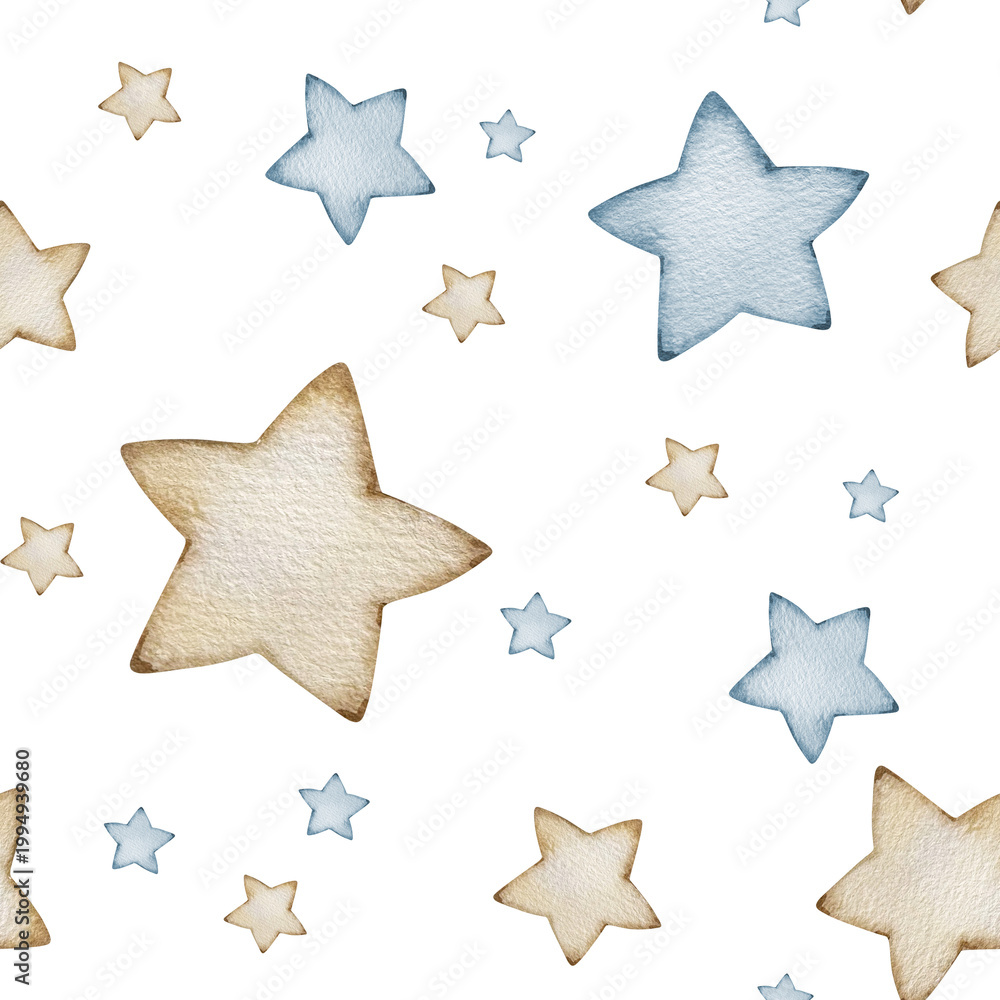 Obraz premium Watercolor blue and beige stars seamless pattern.