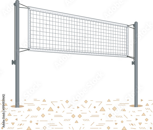 Flat vector illustration of a volleyball net suspended between two grey poles on a stylized sand surface. Descriptive graphic of outdoor beach sports equipment with geometric ground patterns.