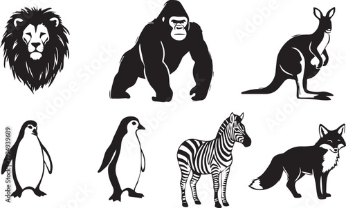 Wild African animals icon set with lion elephant and giraffe vectors