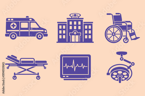 Hospital services silhouette icon set ambulance wheelchair medical stretcher EKG vector