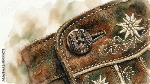 Authentic Bavarian Leather Shorts (Lederhosen) Detail, Traditional German Embroidery, Oktoberfest Costume, Alpine Culture, Folk Fashion, Rustic Texture, Vintage Style, Masculine Apparel