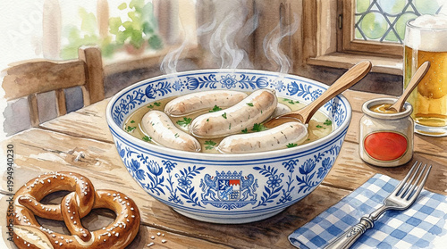 Traditional German Bavarian Weißwurst breakfast with pretzel, mustard, and beer in a rustic wooden setting. Authentic culinary scene.