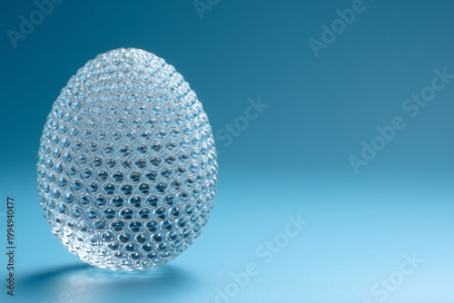 Transparent Textured Egg on Blue Background, Abstract Geometric Sphere, Crystal Form, Minimalist Design, Easter Concept, Studio Shot