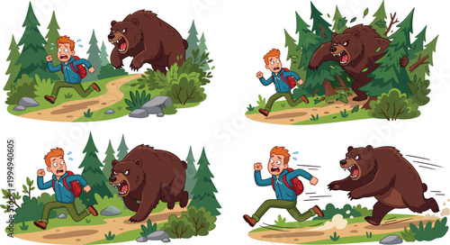 Frightened Hiker with Backpack Running from Aggressive Grizzly Bear in Pine Forest Vector Illustration Set for Outdoor Adventure Safety and Wildlife Danger Concepts