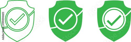 Three green shield icons with checkmarks representing security protection and validation in a minimalist design