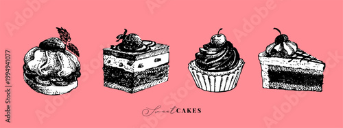 Sketch vintage confectionery set. Cupcake, tiramisu, cheesecake, meringue. Retro sweet cakes collection. Hand drawn vector illustration.