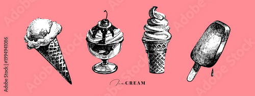 Sketch vintage ice creame and confectionery set. Retro sweet collection. Hand drawn vector illustration.