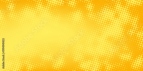 Yellow halftone pattern. Retro comic gradient background. Bright orange pixelated dotted texture overlay. Cartoon pop art faded gradient pattern. Vector backdrop for poster, banner, advertisement
