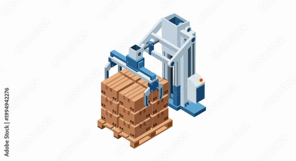 Obraz premium Isometric Robotic Arm Packing Cardboard Boxes on Wooden Pallet for Automated Warehouse Logistics and Smart Manufacturing Process Illustration