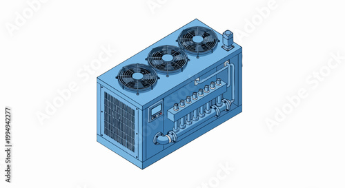 Isometric Industrial HVAC Chiller Unit with Triple Fans and Piping System Illustration