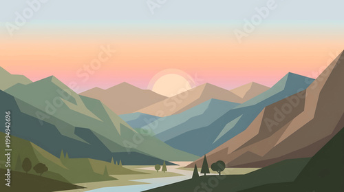 Geometric Mountain Landscape at Sunrise with River
