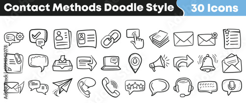 Collection of 30 hand-drawn contact methods and communication doodle style icons.