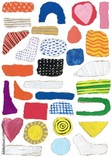 Gouache colored torn geometric shapes. Set of different geometric shapes isolated. Collage art. Torned craft shapes with pattern illustration.