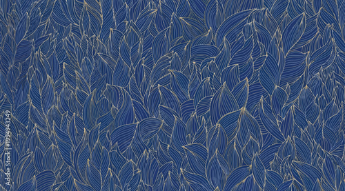 Seamless pattern with handdrawn golden leaves on deep blue background