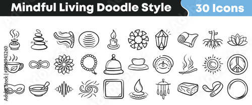 Collection of mindful living doodle style icons representing serenity and well-being