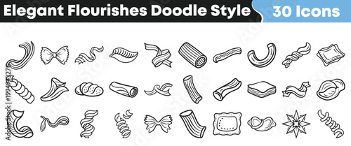 Thirty elegant doodle style icons representing various pasta shapes and decorative flourishes