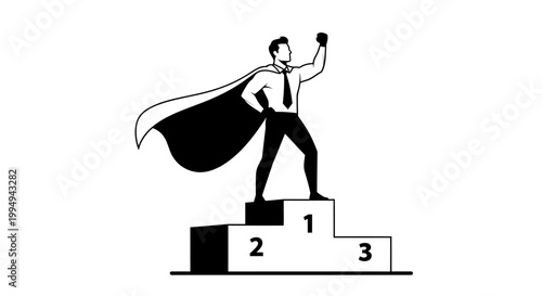 A victorious businessman stands on a podium celebrating success silhouette
