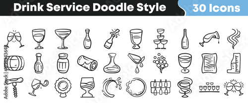 Hand drawn collection of various beverage icons featuring wine glasses and bottles
