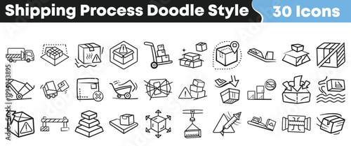 Collection of doodle style icons representing various stages of the shipping process