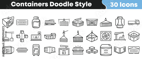 Collection of various container doodles for logistics and shipping icons