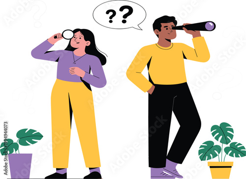 Man and woman looking for answers with telescope and magnifying glass, business research concept vector