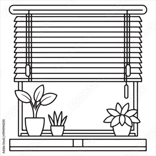 Window sill with three potted plants beneath closed blinds