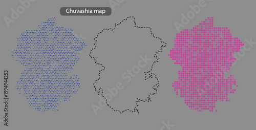 Chuvashia map in blue and purple pixels on grey background with dotted outline