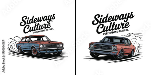 Two stylized illustrations of classic cars drifting with smoke and text