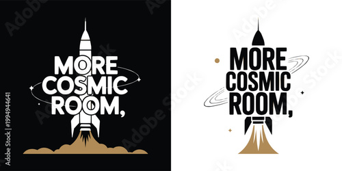 Iconic logo design featuring a rocket launching with the text more cosmic room