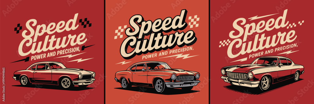 Ταπετσαρία Three classic American muscle cars displayed with speed culture text and graphic
