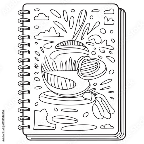 Sketch of a cozy mug with pastry and steam on a spiral notebook