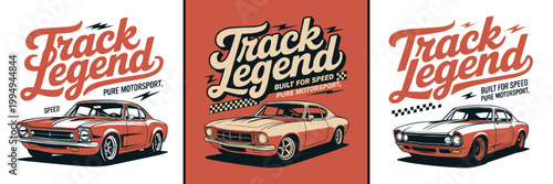 Vintage sports car artwork with bold typography for motorsports enthusiasts