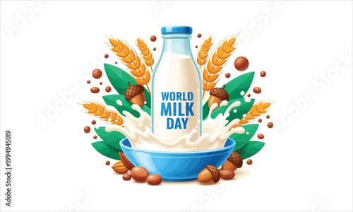 World milk day celebration with milk splash and wheat beverage nutrition