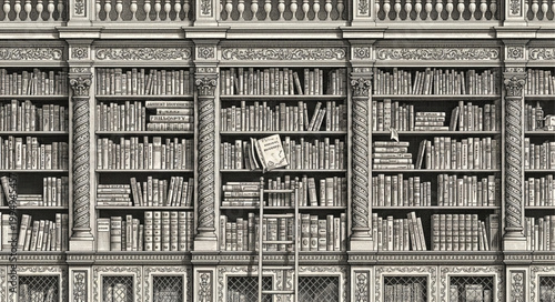 Antique library with tall bookshelves and ladder.