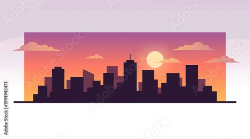 Vibrant cityscape silhouette at sunset with stylized clouds, symbolizing urban life and twilight