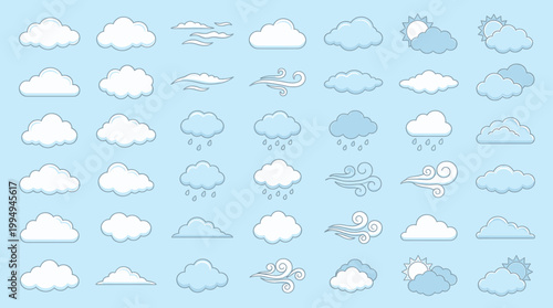 Diverse collection of atmospheric weather icons depicting cloud shapes, precipitation, sun, and wind, ideal for climate applications, meteorological design, and digital forecasting