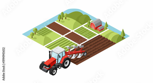 Isometric Red Tractor Plowing Field with Barn and Rural Landscape Illustration