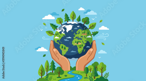Hands holding green earth globe.