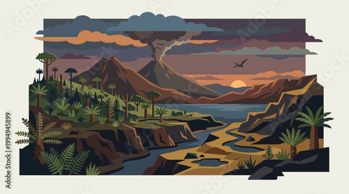 Mountain landscape with river and trees.