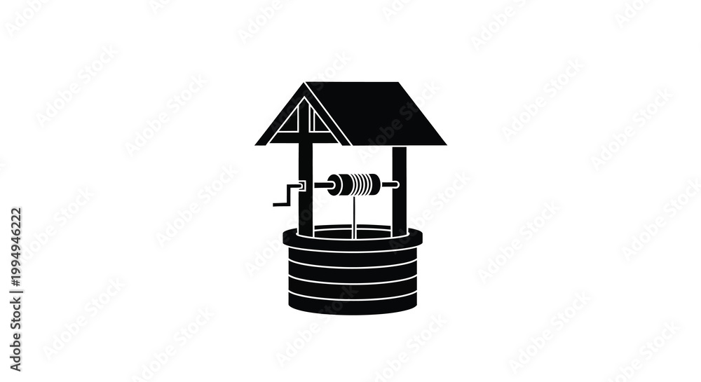 Naklejka premium A simple black silhouette depicts a classic wooden wishing well with a winding crank and bucket high quality