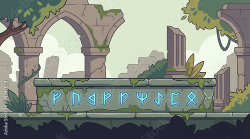 Mysterious runes inscribed on an ancient stone platform surrounded by overgrown ruins and lush greenery