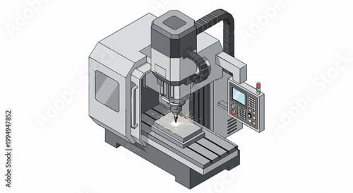 CNC Milling Machine Isometric Illustration - Industrial Metal Working and Automated Manufacturing Process