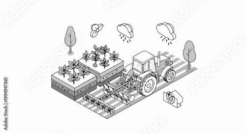Isometric Smart Farming and Precision Agriculture Illustration in Line Art Style