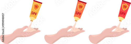 Educational flat vector illustration comparing SPF 15, 30, and 50 sunscreen application on hands, perfect for sun safety guides, dermatological infographics, and summer travel checklists.