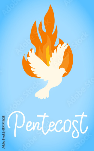 Pentecost banner with Holy Spirit dove and flame on blue background perfect for church bulletins worship slides invitations and sermon graphics