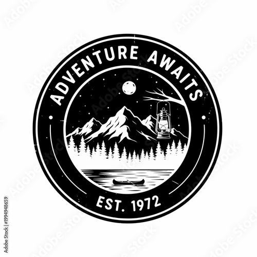 Vintage camping emblem featuring mountain peaks, pine forest, and classic circular badge design